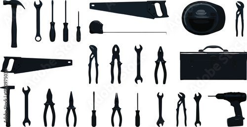 Black silhouette vector set of construction tools including hammer wrench screwdriver and saw for mechanic repair and carpentry design