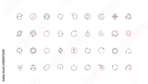 Circular arrows line icon set. Round loop signs of refresh and recycle, loading progress, start and repeat motion, orientation and direction thin black and red outline symbols vector illustration