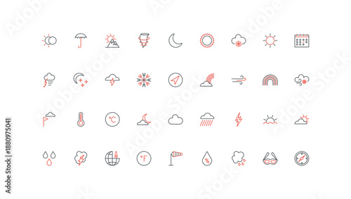 Weather forecast and climate change, meteorology line icon set. Summer hot sun and moon in eclipse, winter snowflake and storm, umbrella, clouds thin black and red outline symbols vector illustration