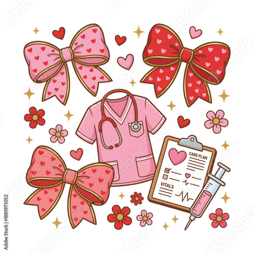 Cute Nurse Valentine Medical Icons Set with Hearts and Bows