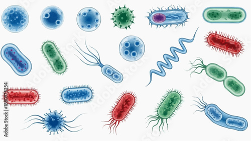 Diverse collection of various bacteria and viruses illustrated in a colorful and detailed graphic presentation