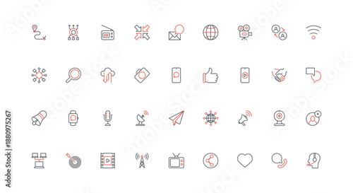 Digital device, technology for online connection and data exchange line icon set. TV and antenna, chat messages in social media and radio, email thin black and red outline symbols vector illustration