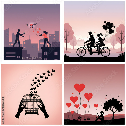 A romantic collage of four illustrations depicting love and freedom in a modern cityscape