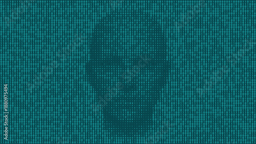 Human face formed with glowing teal binary digits