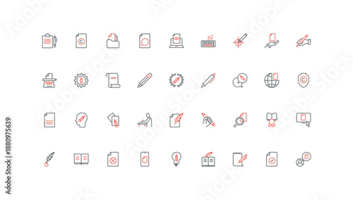 Creative content of author and blogger, storytelling line icon set. Feather, pen and pencil of journalist to write article, text creation in blog thin black and red outline symbols vector illustration