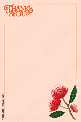 Thank you vertical blank featuring iconic New Zealand pohutukawa tree. Letter of thanks template, letter of appreciation and gratitude template, apricot color background. 