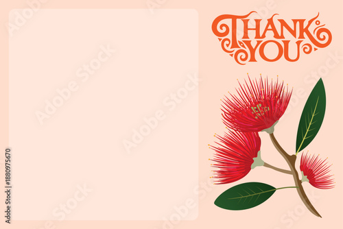 Thank you horizontal blank featuring iconic New Zealand pohutukawa tree. Letter of thanks template, letter of appreciation and gratitude template, apricot color background. 