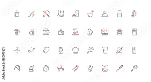 Cooking tools and electrical appliances of kitchen, recipe book and chefs hat line icon set. Utensils, knife and board, whisk, pot to cook thin black and red outline symbols vector illustration