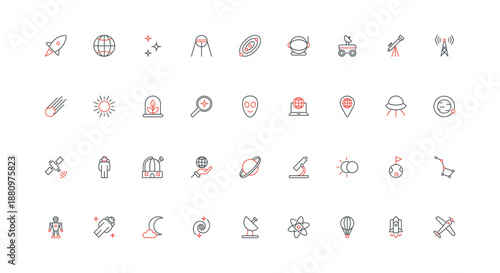 Space exploration, science of astronomy and space travel to planets and stars line icon set. Astronaut, spaceship, asteroid and satellite in orbit thin black and red outline symbol vector illustration