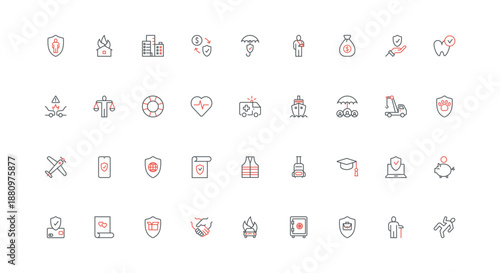 Insurance, accident coverage and natural disaster damage, claim line icon set. Policy and documents to protect health and life, property thin black and red outline symbols vector illustration