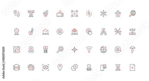 Cybersecurity and quality of digital data protection line icon set. Software and biometric scanning for access to information, network privacy thin black and red outline symbols vector illustration