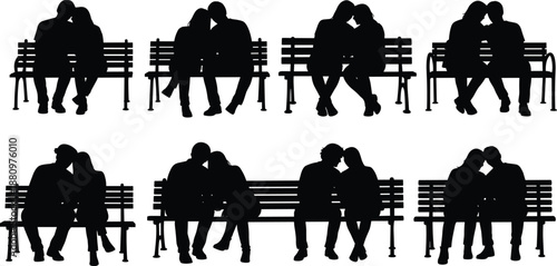 Black silhouette vector set of romantic couples sitting together on park benches for love dating and valentine day design