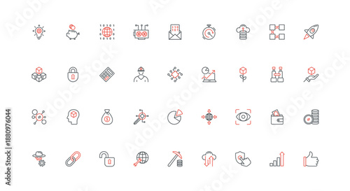 Defi, decentralized finance, fintech security and crypto money, mining line icon set. Futuristic open service protocol, P2P, digital data pack thin black and red outline symbols vector illustration