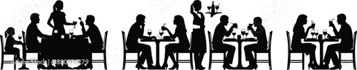 Black silhouette vector set of family and couple dining in restaurant with waiter serving food for menu design