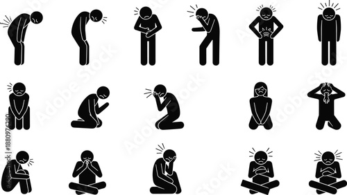 Black stick figure vector icon set depicting people in pain with headache stomach ache and back pain symptoms