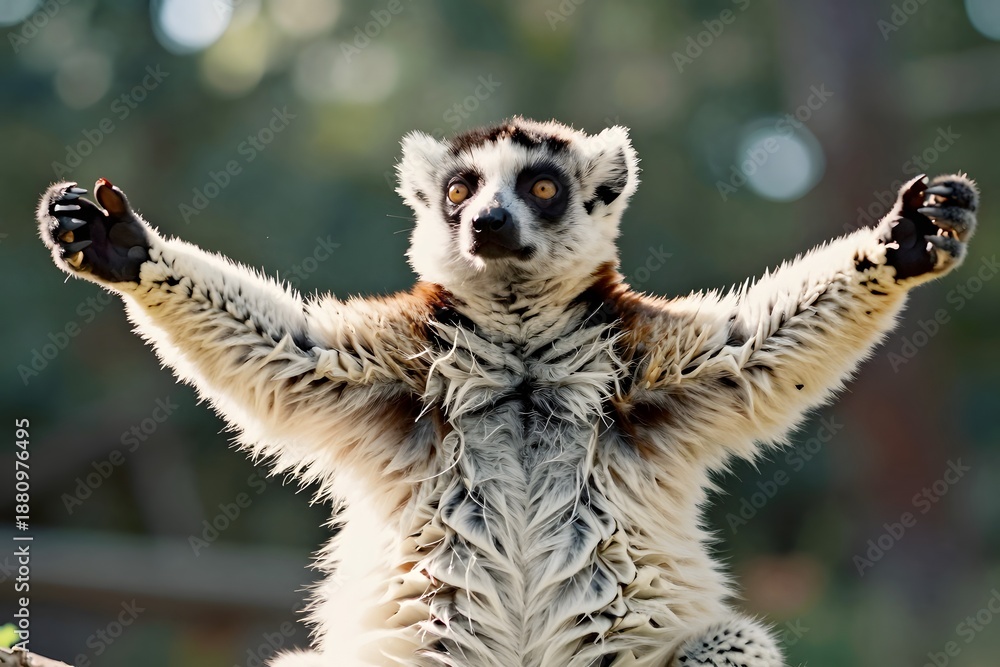 Obraz premium Playful Lemur with Open Arms in a Natural Forest Setting Displaying Curiosity and Joy