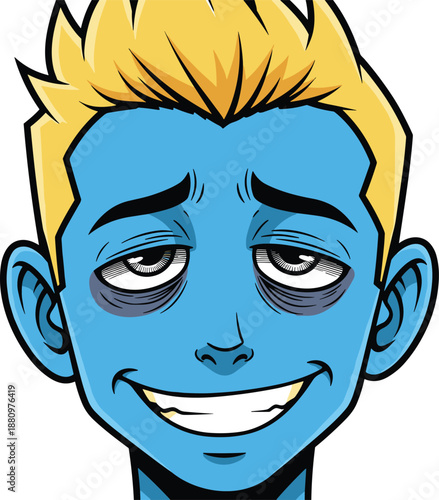 Stylized vector illustration of blue-skinned cartoon character with spiky blond hair, exaggerated tired expression, wide crooked smile, humorous emotional concept