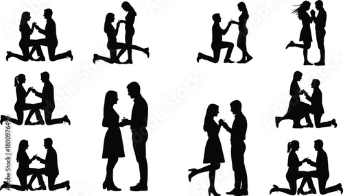 Black silhouette vector set of romantic couples with man kneeling proposing with ring for engagement and wedding graphic design