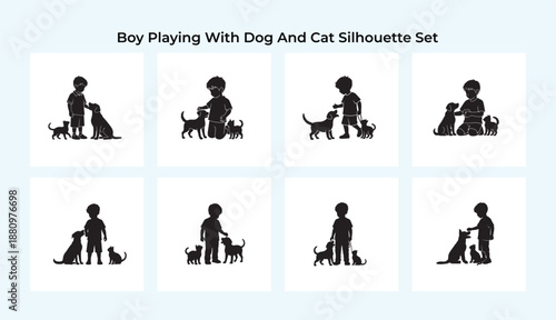Boy playing with dog and cat silhouette set. Vector collection of child interacting with puppy and kitten together. Kids and pets friendship figures.