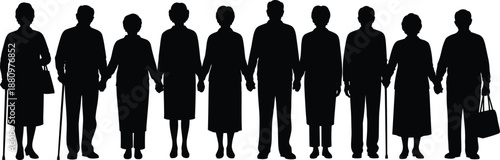 Black silhouette vector row of elderly men and women holding hands together for senior community and retirement graphic design