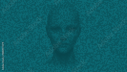 Glowing female face formed with teal binary digits