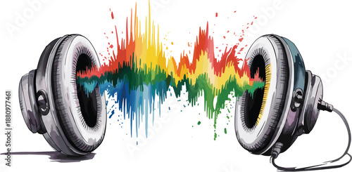 Colorful sound wave headphones illustration, music audio concept, rainbow equalizer splash, stereo listening device, isolated graphic, vector.