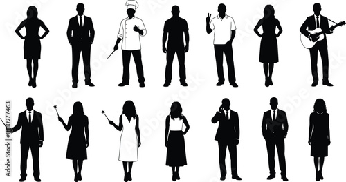 Large Collection of Professional Silhouettes Featuring Business People Chef Teacher Musician and Casual Characters Isolated on White Background for Diverse Career and Job Design