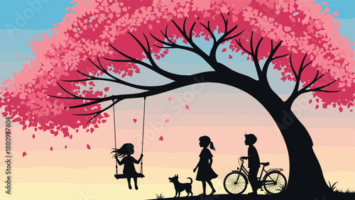 Silhouette vector illustration of children playing under blooming pink tree with swing bicycle and dog during spring sunset