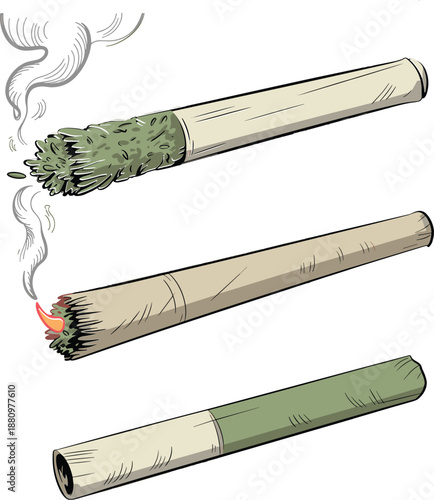 Hand drawn joint illustration, marijuana cigarette set, smoking cannabis blunt, weed roll with smoke, drug culture vector artwork
