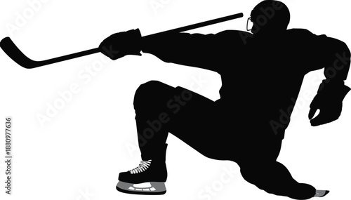 Ice hockey player silhouette skating with stick, winter sport athlete action pose, black vector illustration isolated design.