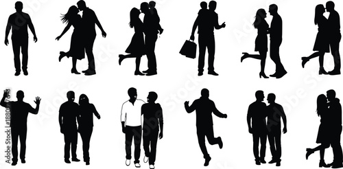 Black silhouette vector set of romantic couples kissing and walking with people poses for lifestyle and relationship graphic design