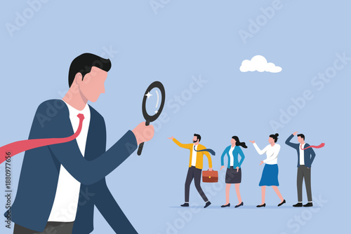 Employer boss or HR use magnifying glass to choose job interview people, recruitment searching the best candidate or job, human resources, head hunt, choosing talent for job vacancy concept.