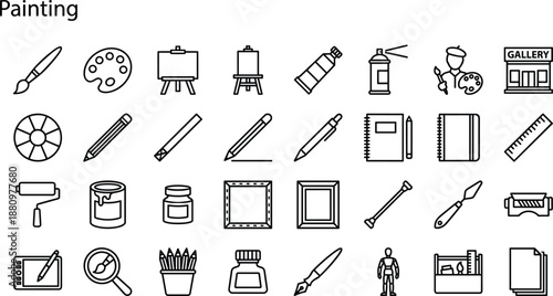 Linear vector icon set of painting art supplies drawing tools and stationery equipment for artist creative graphic design projects