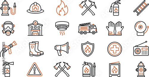 Vector linear icon set of firefighter equipment and fire safety tools for emergency rescue and protection graphic design projects