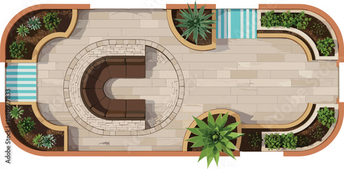 Top View Landscape Design Illustration of a Modern Patio Featuring a Circular Seating Area Stone Paving Green Plants and Outdoor Furniture for Architectural Planning