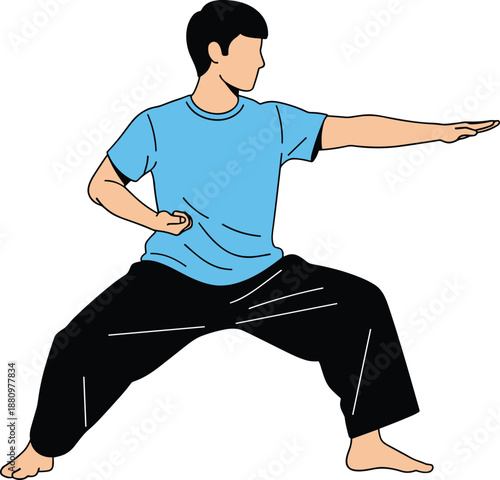 Young Man in Blue Shirt and Black Pants Practicing Kung Fu or Karate Martial Arts Stance Isolated Illustration for Fitness and Wellness Design