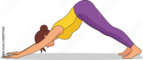 Young Woman Practicing Downward Facing Dog Yoga Pose Illustration on Mat Wearing Yellow Top and Purple Leggings for Wellness Fitness and Healthy Lifestyle Design
