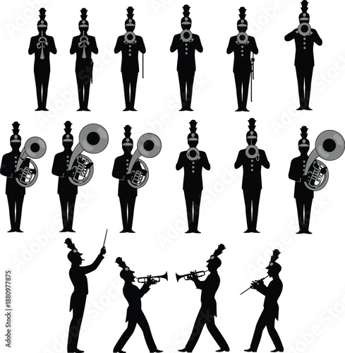 Marching band silhouettes set, uniform musicians playing brass instruments, trumpet tuba players, parade performance icons, isolated vector.