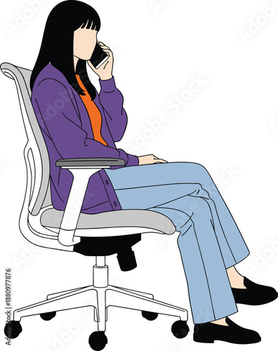 Young Woman with Long Black Hair Sitting in Modern Office Chair Wearing Purple Cardigan and Blue Jeans Talking on Her Smartphone Isolated Illustration