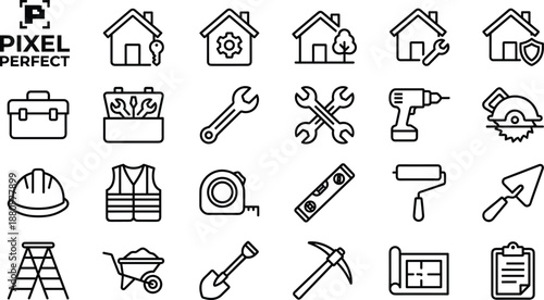 Pixel perfect linear vector icon set of home repair construction tools and building maintenance equipment for renovation graphic design