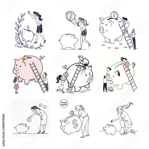 Financial Dreams: A curated set of illustrations showcases individuals engaging with piggy banks, symbolizing savings, and financial goals.