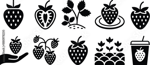 Strawberry icon set, strawberry fruit silhouette, berry farm symbols, plant leaves, strawberry juice cup, hand holding strawberry, vector illustration