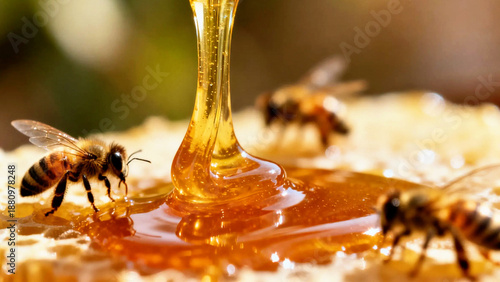 Honey, bees, and honeycomb captured in a close-up shot. The golden, viscous honey pours beautifully onto the comb, drawing the attention to bees