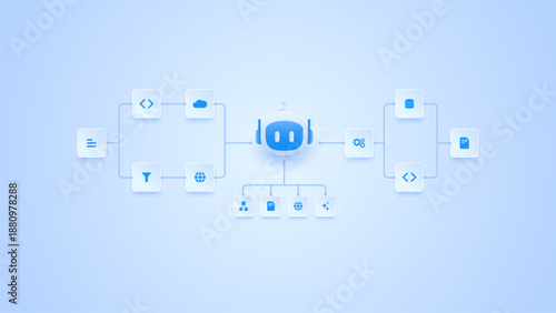 AI workflow automation artificial intelligence. ai agent network diagram processing system, coding, data and automation system.