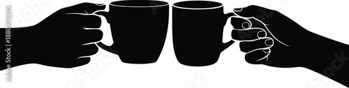 Two hands holding coffee cups silhouette, cheers toast gesture icon, friendship meeting concept, black vector illustration isolated.