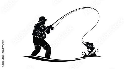 A fisherman casting a line catching a fish in a dynamic pose silhouette