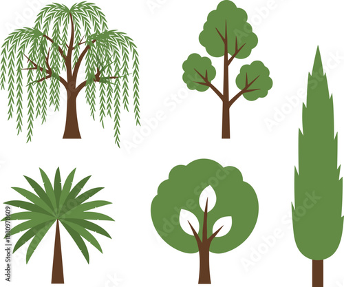 Stylized vector illustration of diverse tree types including willow, conifer, palm, deciduous, and ornamental foliage for nature-themed design