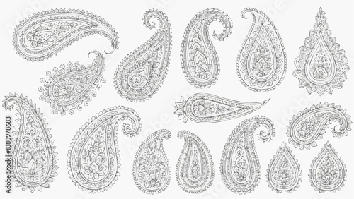 Illustration of various paisley patterns and designs in a collection of teardrop shapes