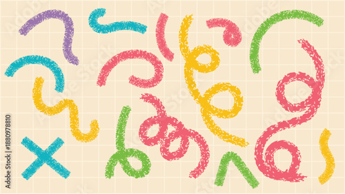 A collection of colorful, hand-drawn crayon-style squiggles, lines, and abstract shapes on a subtle grid background, evoking a playful and artistic mood.