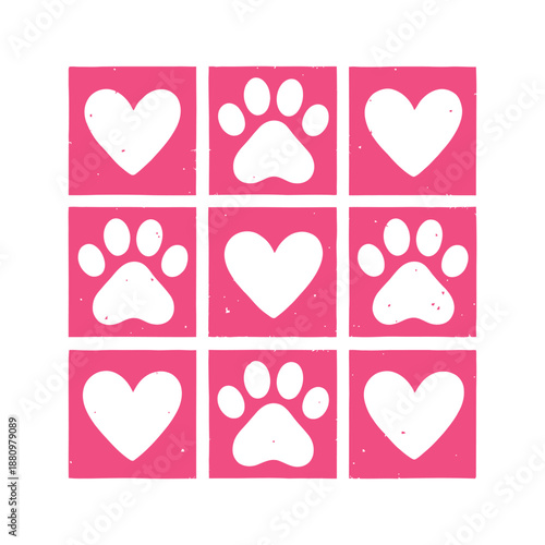 Pet Love Paw Print Heart Grid Illustration